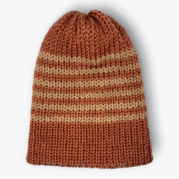 Handmade Knit Off-The-Yak Beanie Unisex Wool Yak Blend Deep Orange w/ Fawn Brown - Picture 10 of 10